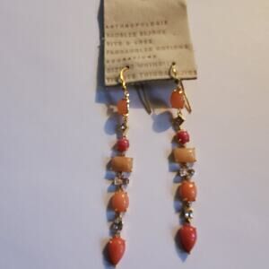 Anthropologie gold over Brass Linear pink/rose Stone drop earrings 3" In Length